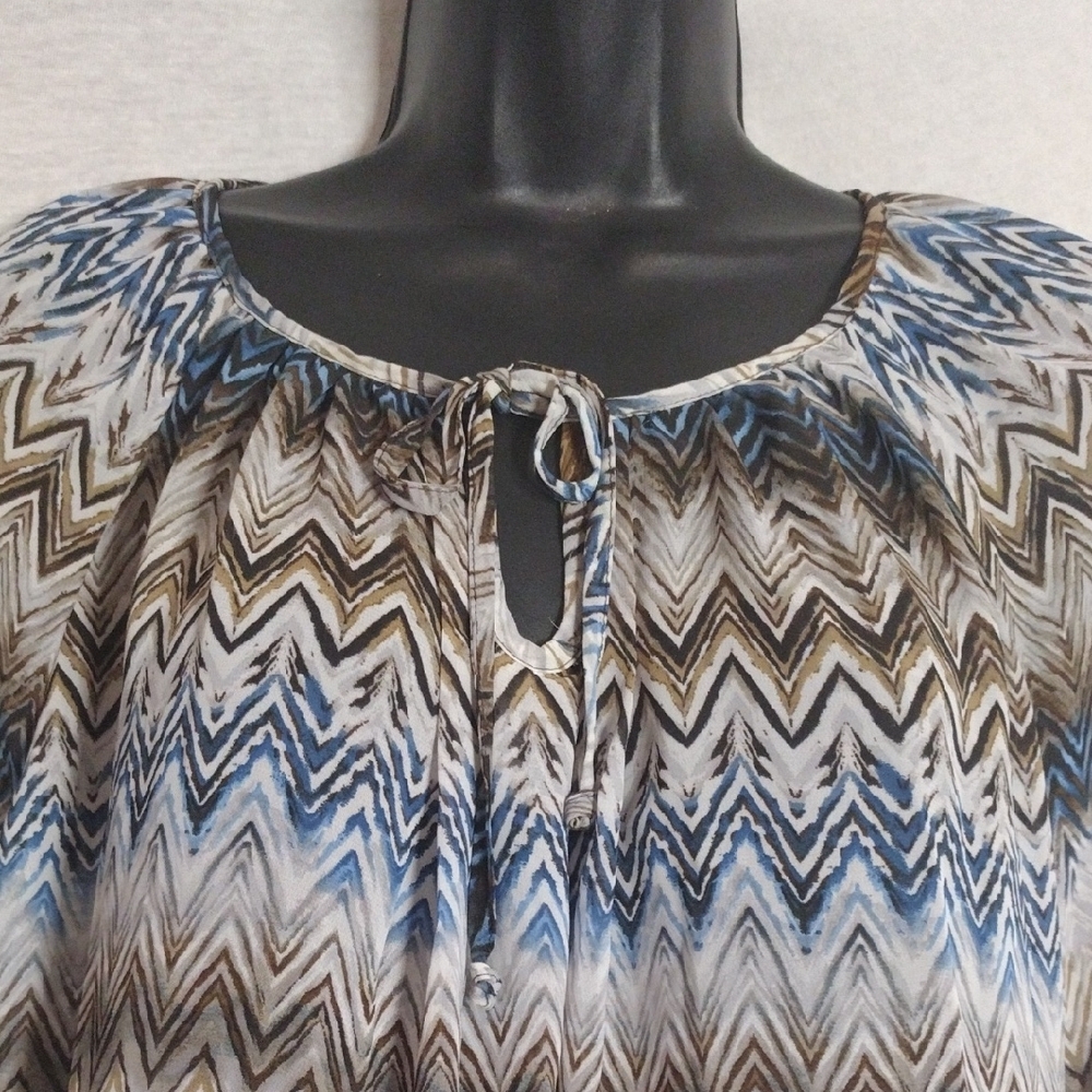Zac & Rachel Blue and Brown Chevron Print Sheer Blouse Size Medium - Picture 2 of 7